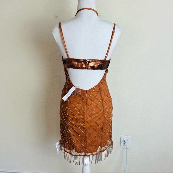NWT ASOS Bronze Sequin Embellished Butterfly Mesh Fringe Beaded Mini Dress - Picture 6 of 13